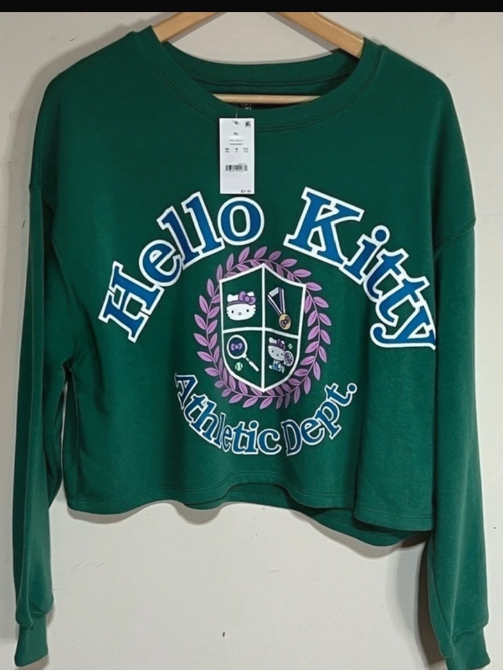 NWT-  XL HelloKitty Athletic Dept. Green Crewneck Cropped Sweatshirt